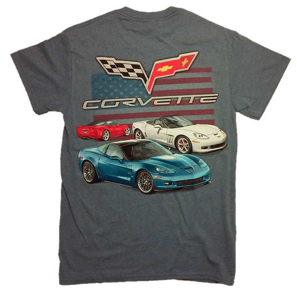 Red, White, and Blue Chevy C6 Corvettes with Flag T-Shirt by Joe Blow T's