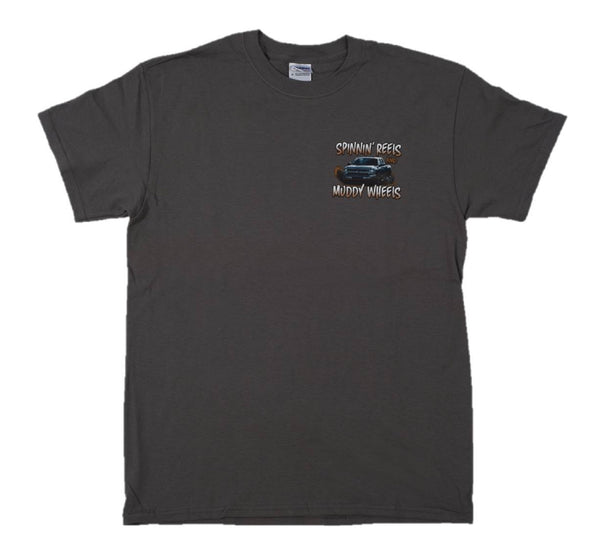 Chevy "SPINNIN' REELS AND MUDDY WHEELS"  Off Road Truck Bass Fishing T-Shirt