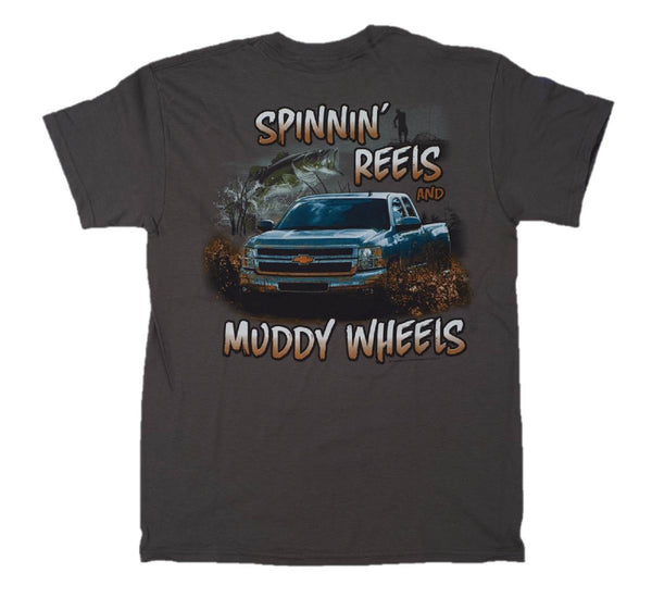 Chevy "SPINNIN' REELS AND MUDDY WHEELS"  Off Road Truck Bass Fishing T-Shirt