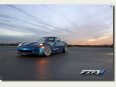 Corvette Blue ZR1 Sign with Sunset Background and Logo