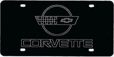 Corvette C4 Logo on a Black Aluminum Corrosion Resistant License Plate Sign