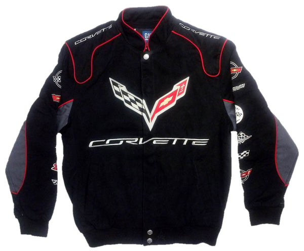 Chevy Corvette Collage Mens Black Twill Jacket by JH Design, Medium, Black