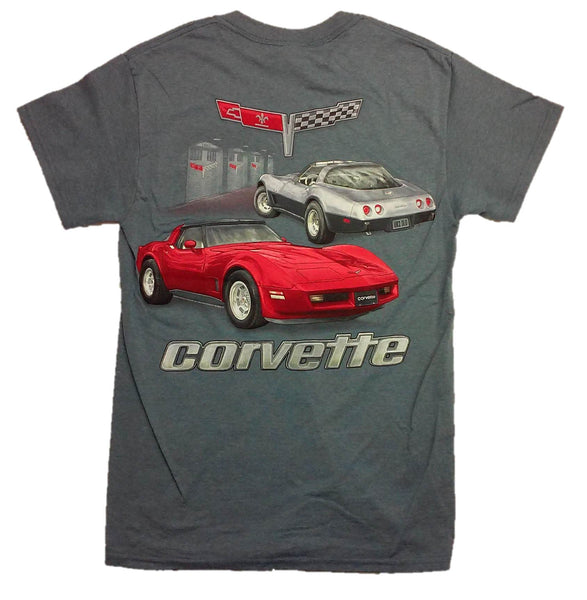 2 C3 Corvettes with Garage Graphic Print Short Sleeve T-Shirt by Joe Blow T's