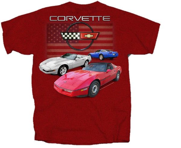 C4 Corvette Red, White, and Blue with Flag Short Sleeve T-Shirt by Joe Blow T's