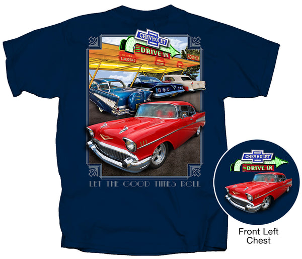55 to 61 Chevy "Chevrolet Drive-In" T-Shirt 100% Cotton Preshrunk - Blue