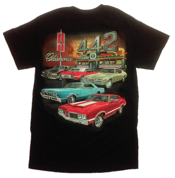 442 Oldsmobile Cutlass Multi Car Diner 100% Cotton Adult T-Shirt by Joe Blow