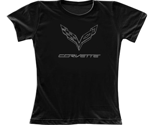 Corvette C7 Flag with Silver Dots 100% Cotton Ladies Short Sleeve Black T-Shirt