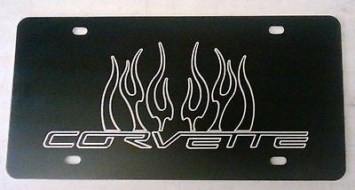 Corvette C6 Logo with Flames on a Black Aluminum Metal License Plate Sign