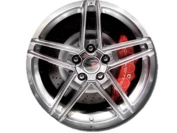 Corvette C6 Z06 Style Wheel Image Showing the Red Caliper on an Aluminum Sign