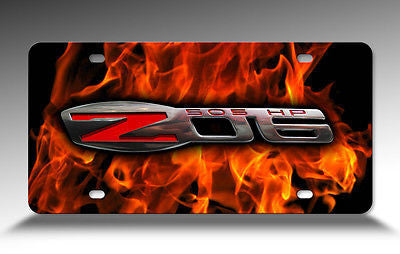 Corvette C6 Z06 Logo over Flame Background Aluminum Sheet License Plate Sign